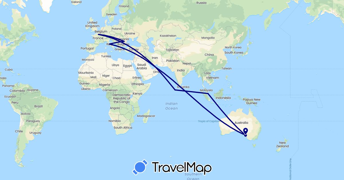 TravelMap itinerary: driving in United Arab Emirates, Australia, France, Italy, Maldives, Romania, Singapore (Asia, Europe, Oceania)